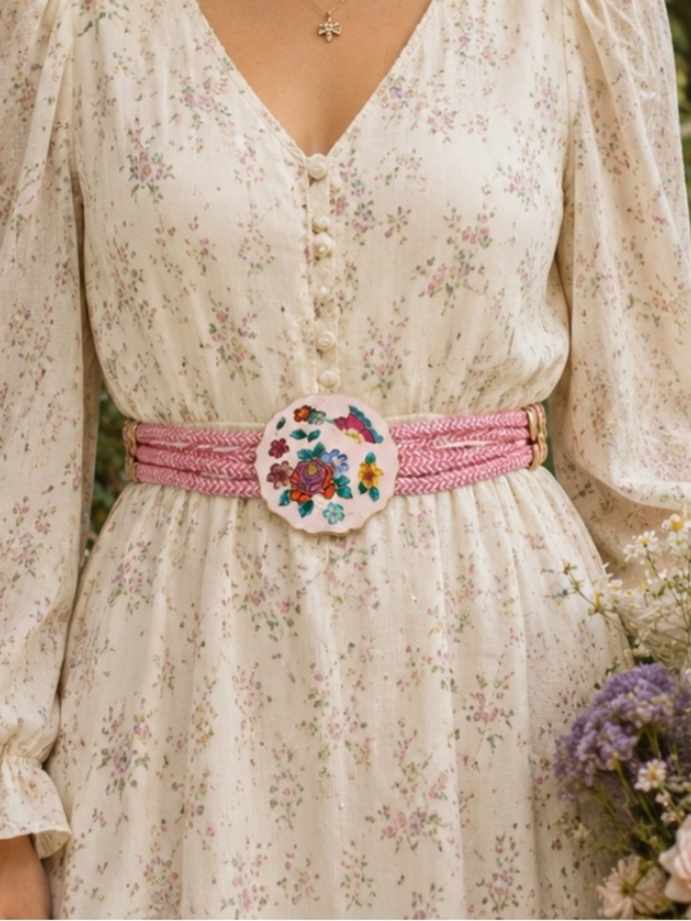 Vintage Yen Pink Stretch Silk Rope Belt w/ Floral Gold Cloisonné Enamel Buckle